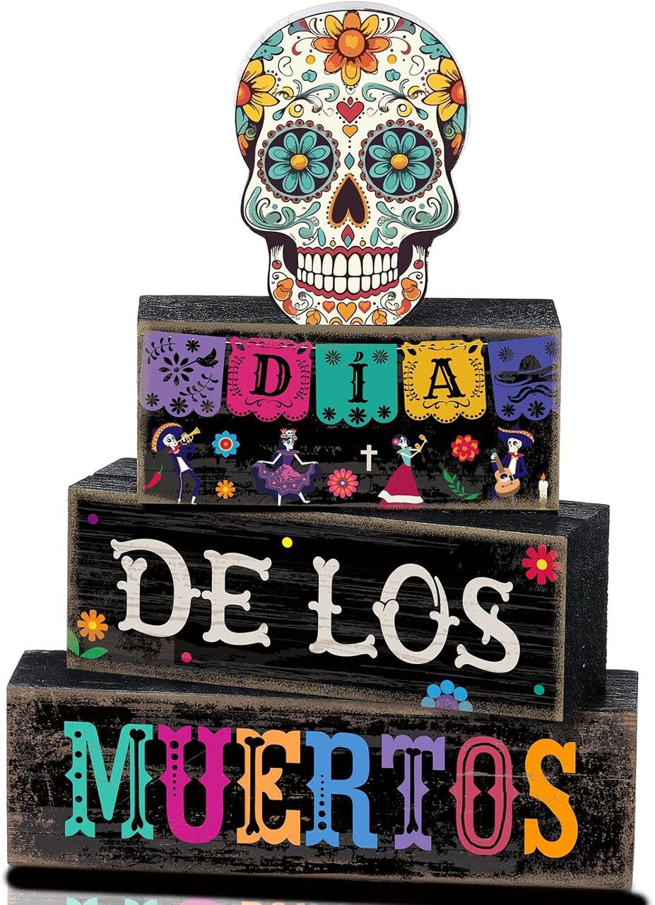 4 Pcs Day of The Dead Table Decorations Day of The Dead Centerpiece for Table Dia De Los Muertos Tiered Tray Decor Wood Sugar Skull Multicolor
